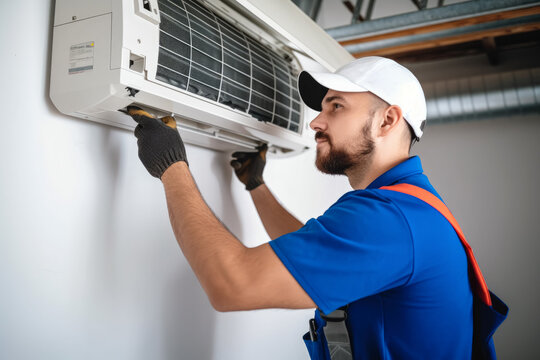 HVAC technician installing a mini split air conditioner in Spanish Fork