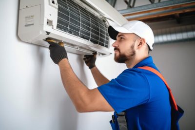 360_F_621046421_Vcay4nYa8ozdeodOQVDfES6MRrC6N3b8 Air conditioning technician servicing a wall-mounted AC unit in Spanish Fork, UT